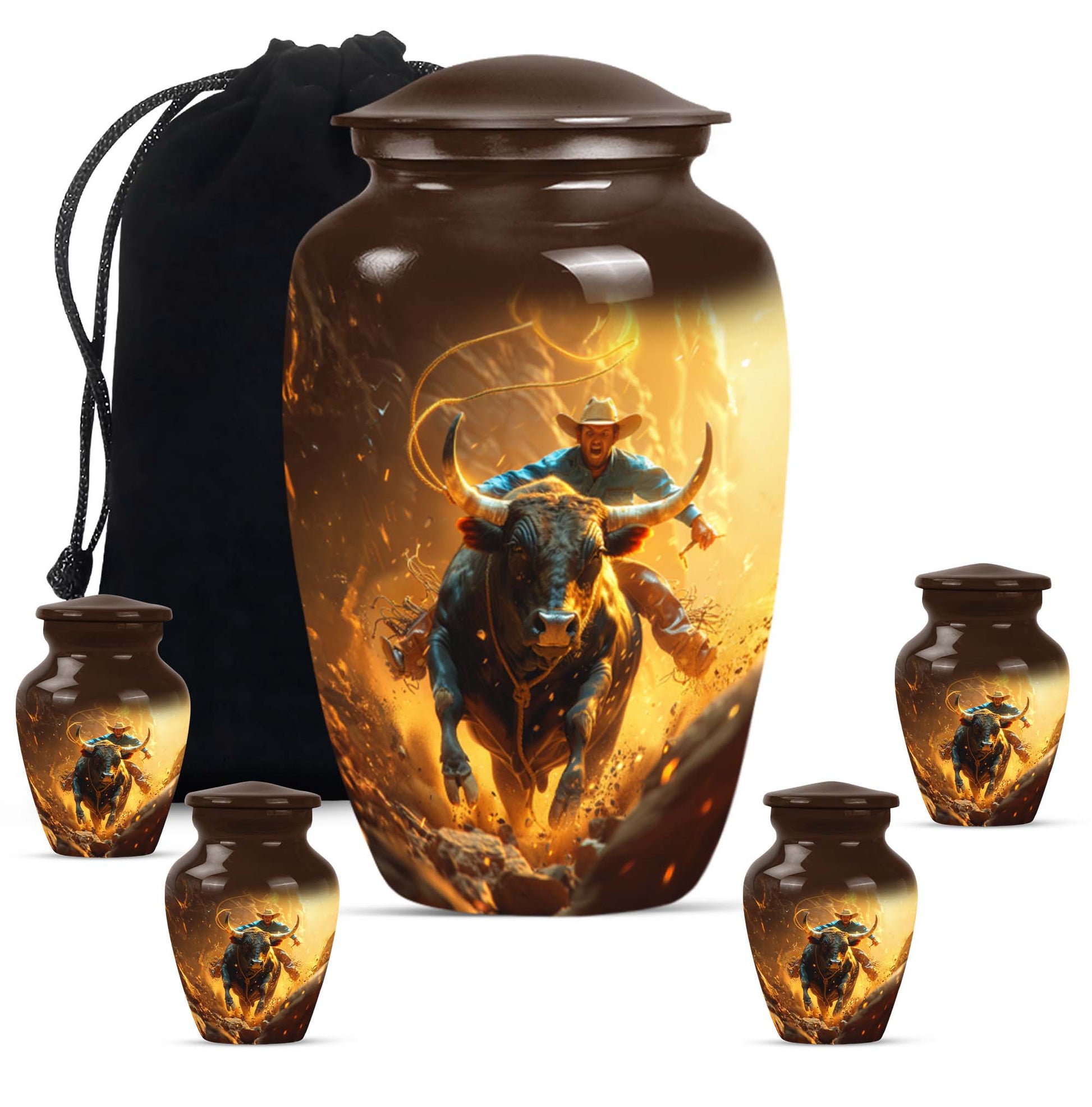 Cowboy Theme Large Urn With 4 Keepsake Urn