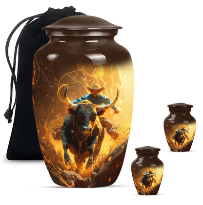 Cowboy Theme Large Urn With 2 Keepsake Urn
