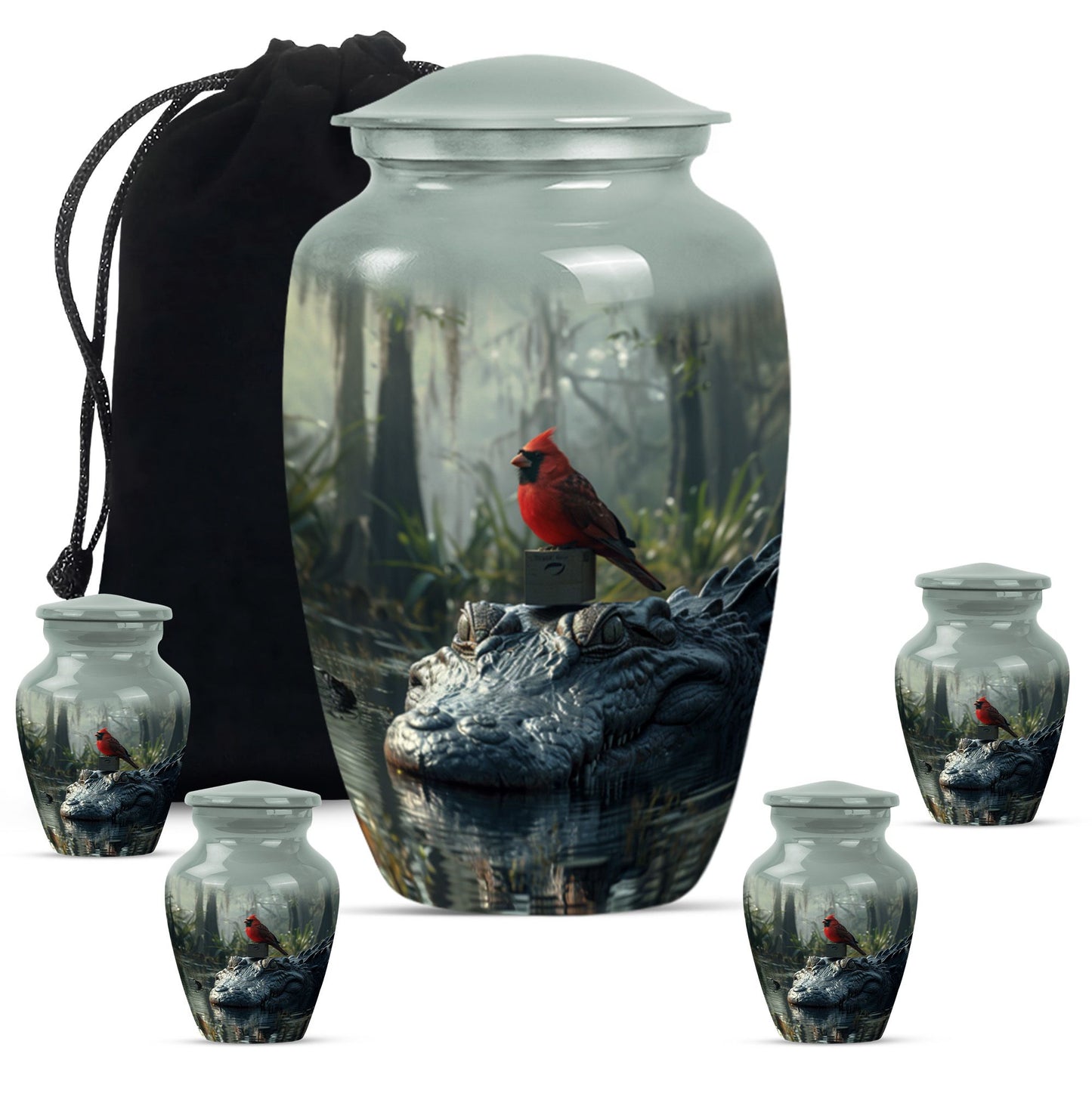 Cardinal Bird Theme Large Urn With 4 Keepsake Urn