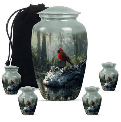 Cardinal Bird Theme Large Urn With 4 Keepsake Urn