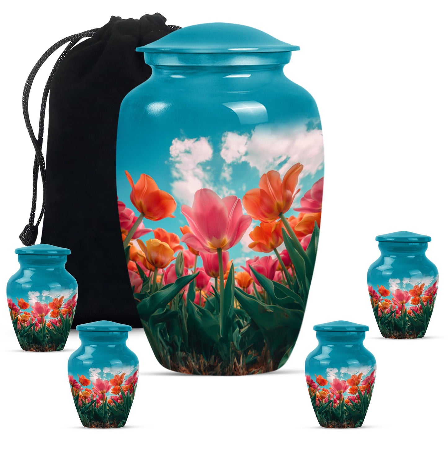 Tulip Theme Large Urn With 4 Keepsake Urn