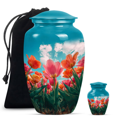 Tulip Theme Large Urn With 1 Keepsake Urn
