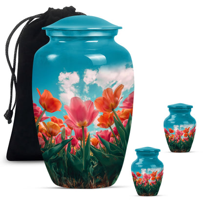 Tulip Theme Large Urn With 2 Keepsake Urn