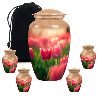 Tulip Theme Large Urn With 4 Keepsake Urn