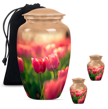 Tulip Theme Large Urn With 2 Keepsake Urn