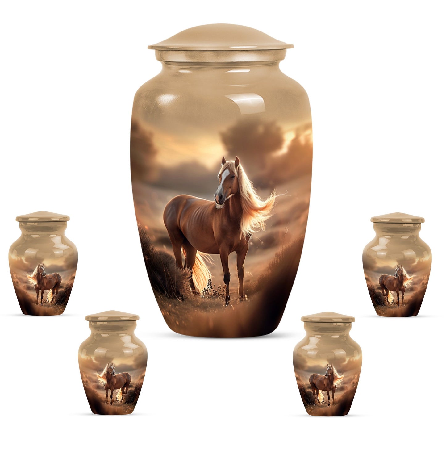 Horse Theme Large Urn With 4 Keepsake Urn