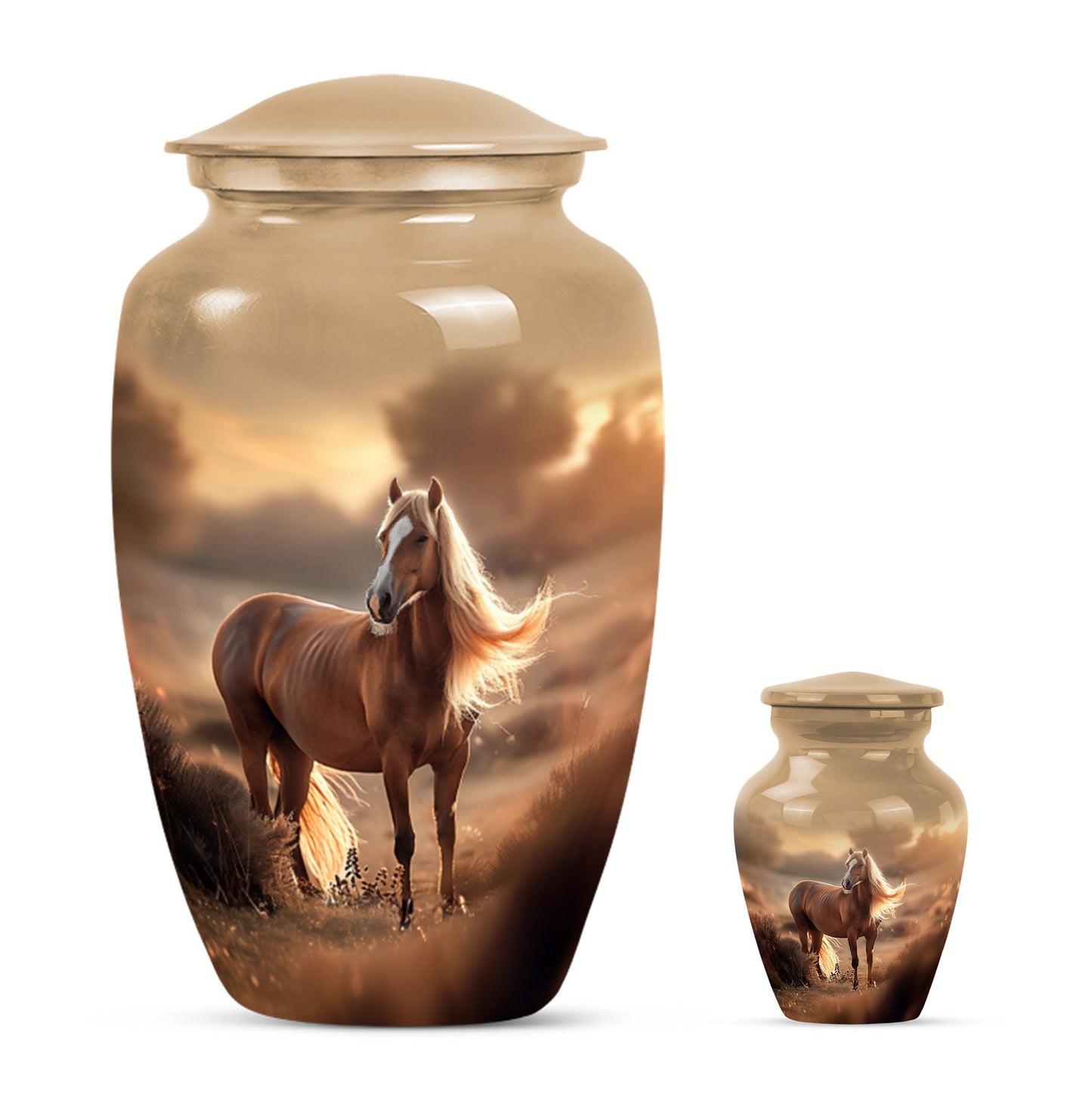 Horse Theme Large Urn With 1 Keepsake Urn