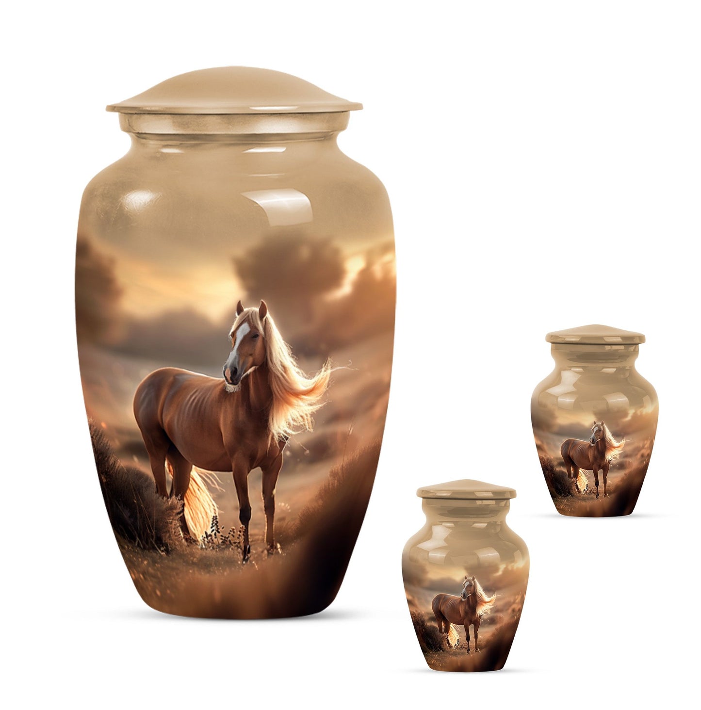 Horse Theme Large Urn With 2 Keepsake Urn