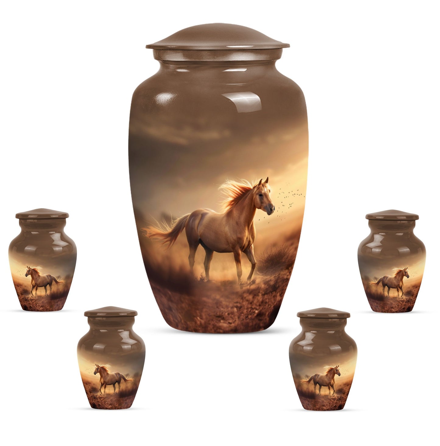 Horse Theme Large Urn With 4 Keepsake Urn