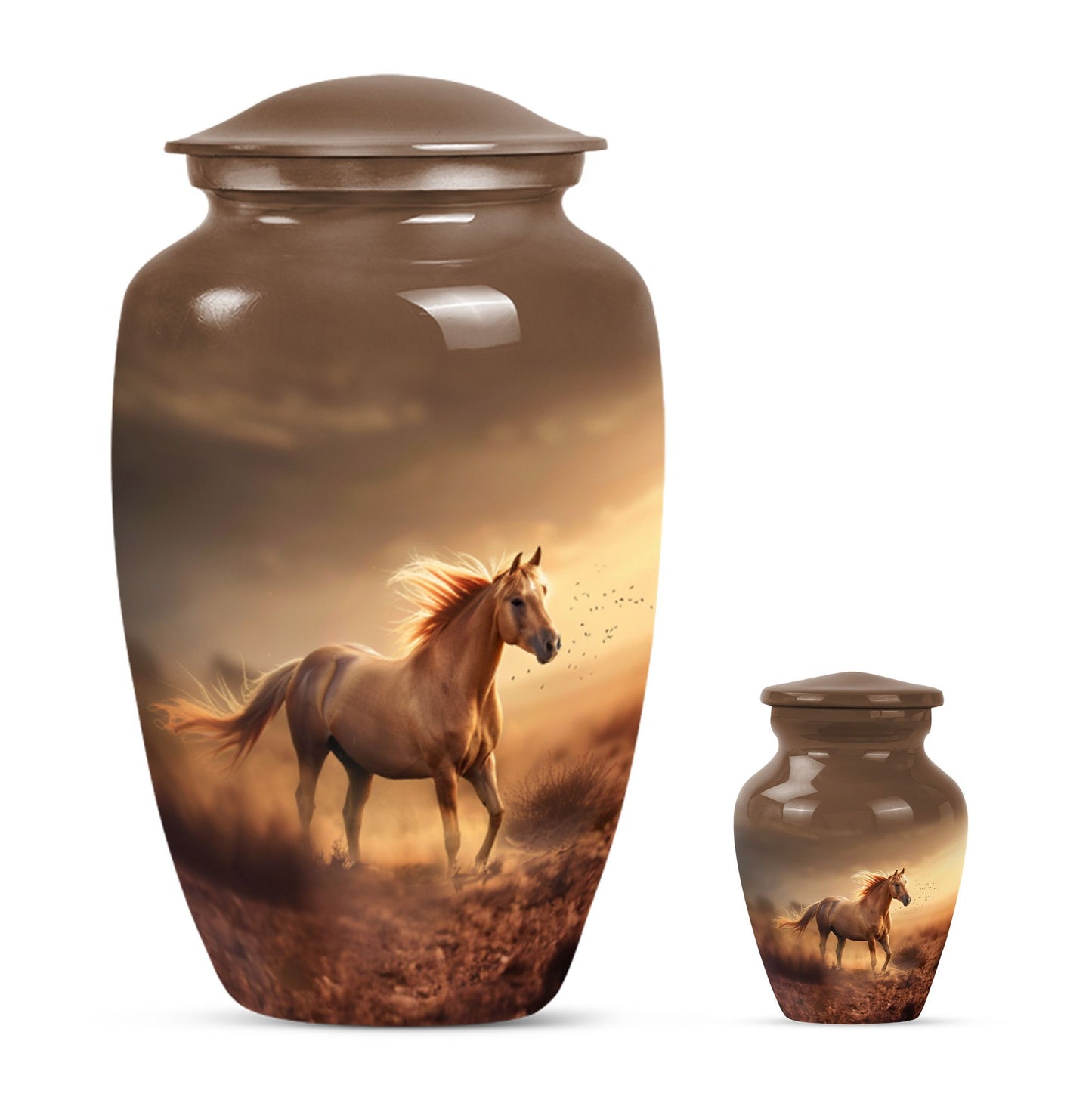 Horse Theme Large Urn With 1 Keepsake Urn