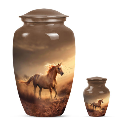 Horse Theme Large Urn With 1 Keepsake Urn