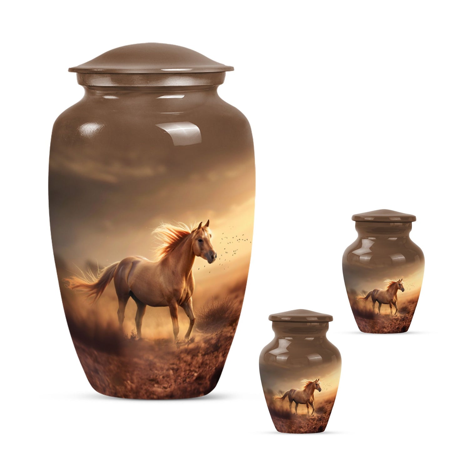 Horse Theme Large Urn With 2 Keepsake Urn