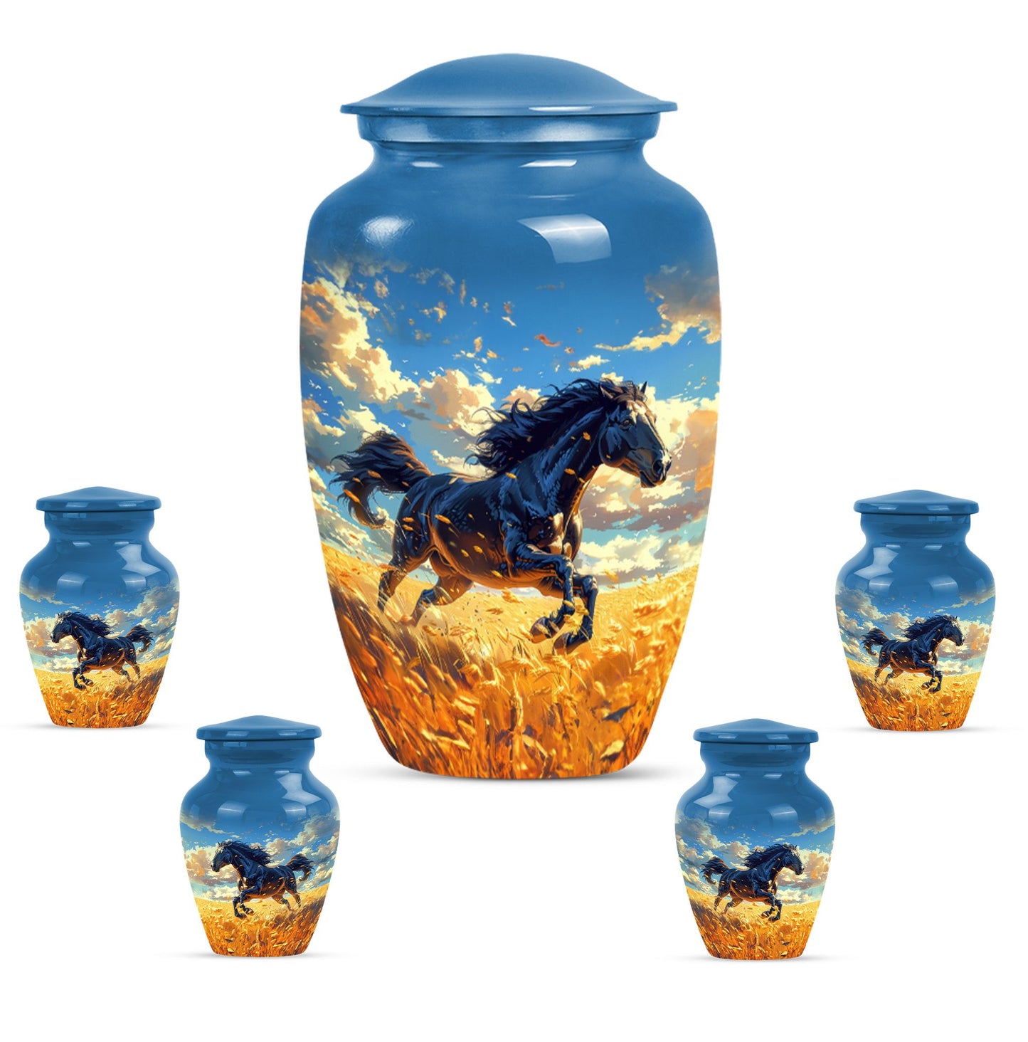 Horse Theme Large Urn With 4 Keepsake Urn