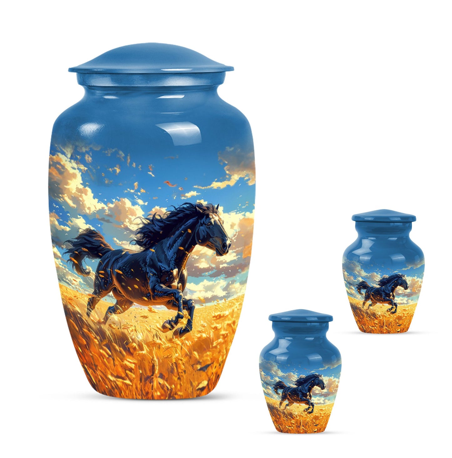 Horse Theme Large Urn With 2 Keepsake Urn
