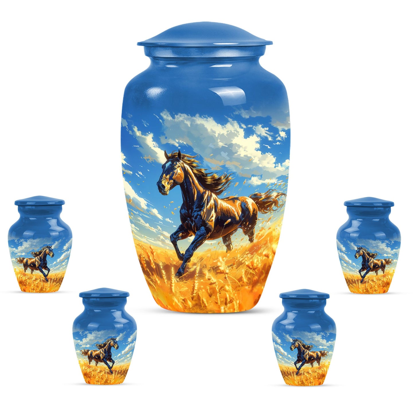 Horse Theme Large Urn With 4 Keepsake Urn