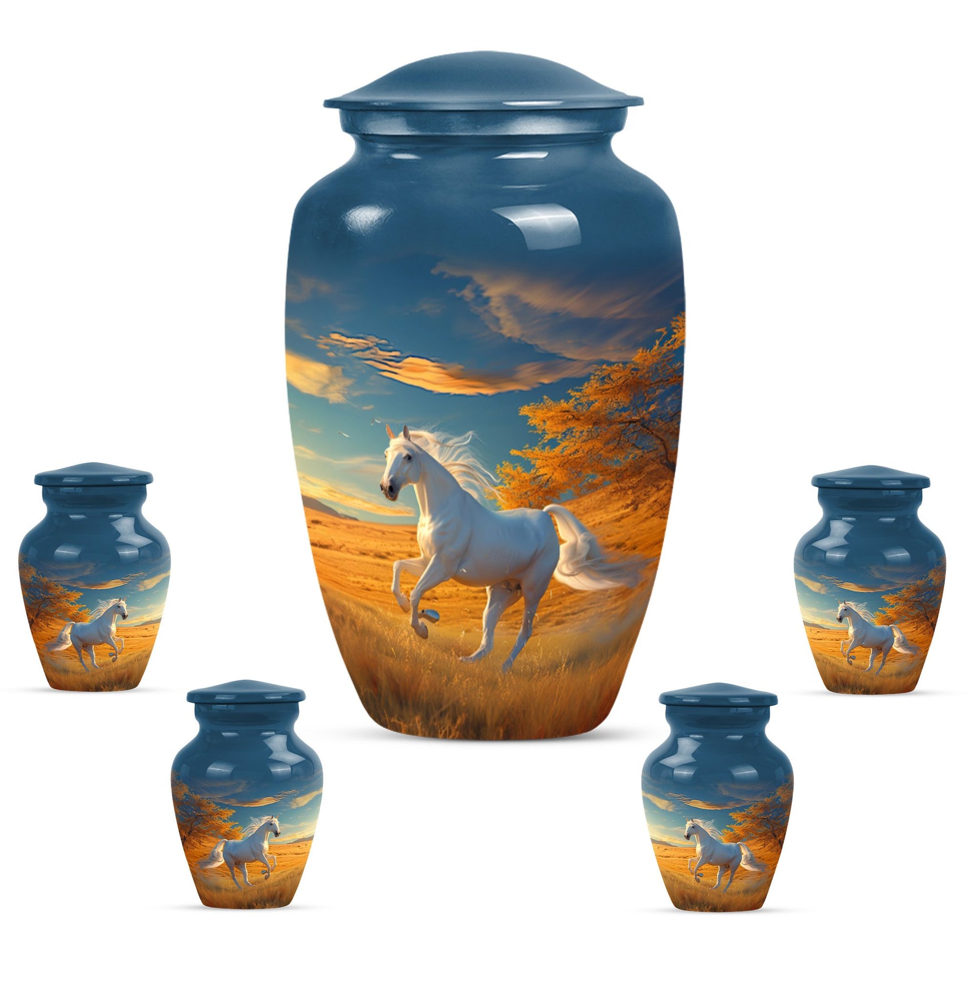 Horse Theme Large Urn With 4 Keepsake Urn