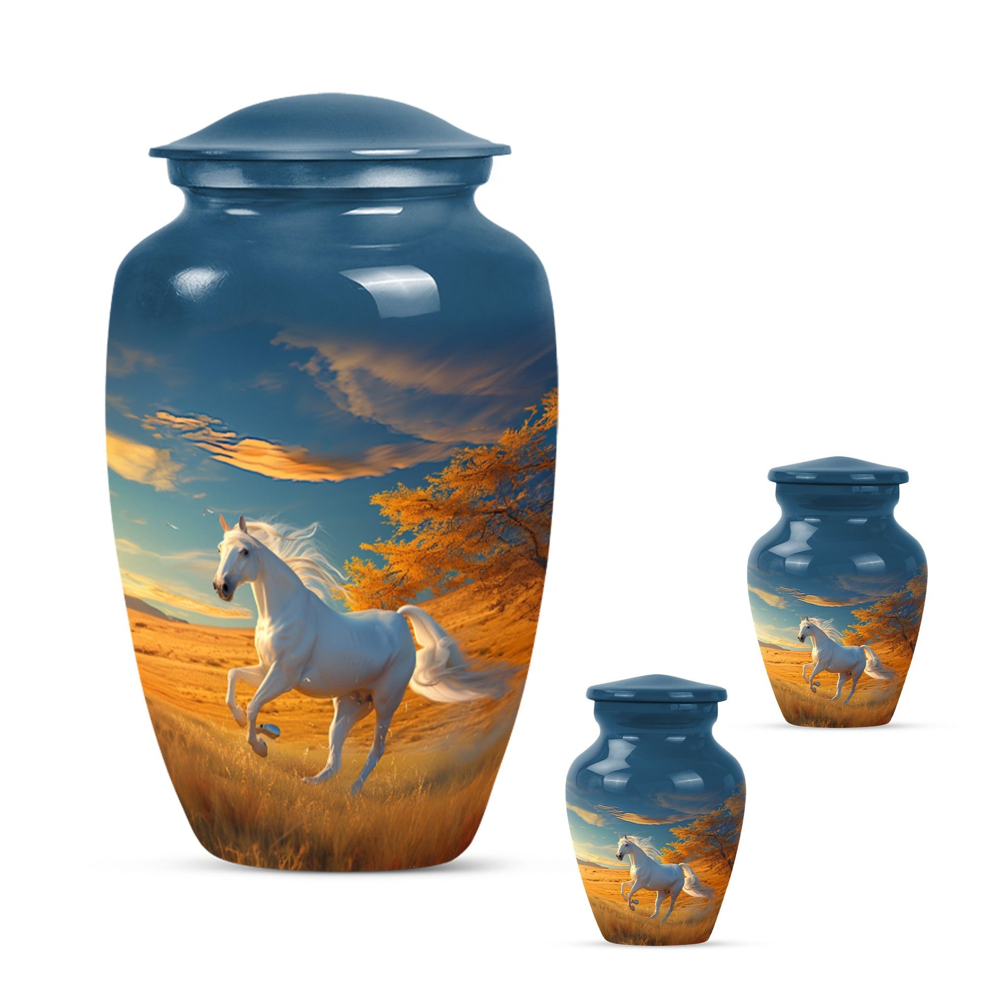 Horse Theme Large Urn With 2 Keepsake Urn
