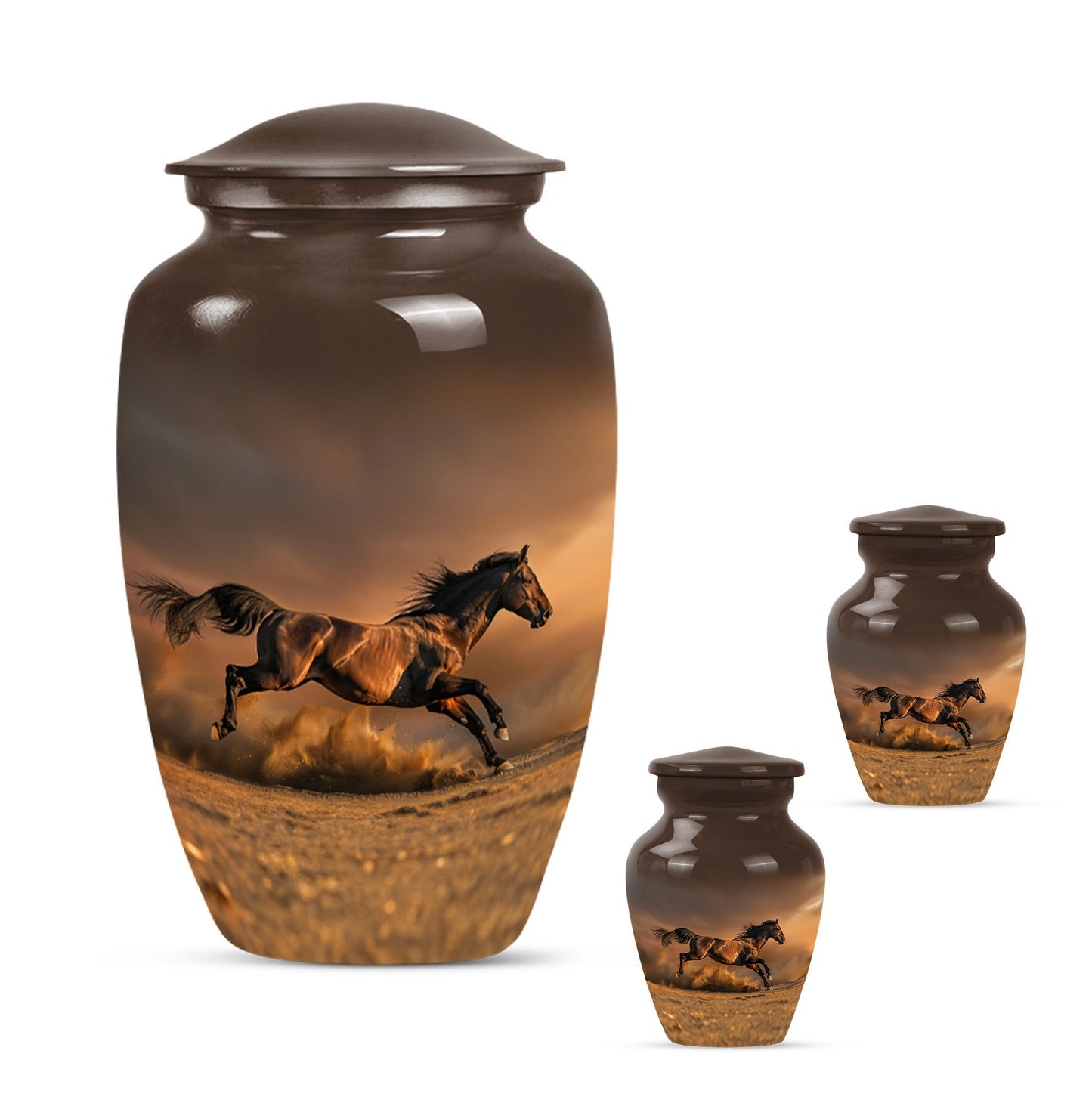 Horse Theme Large Urn With 2 Keepsake Urn