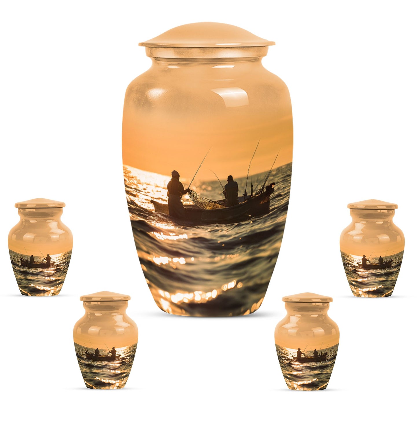 Fishing Theme Large Urn With 4 Keepsake Urn