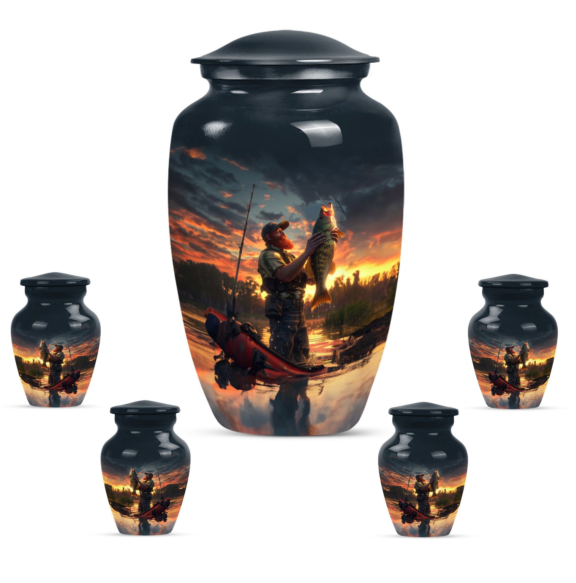 Fishing Theme Large Urn With 4 Keepsake Urn