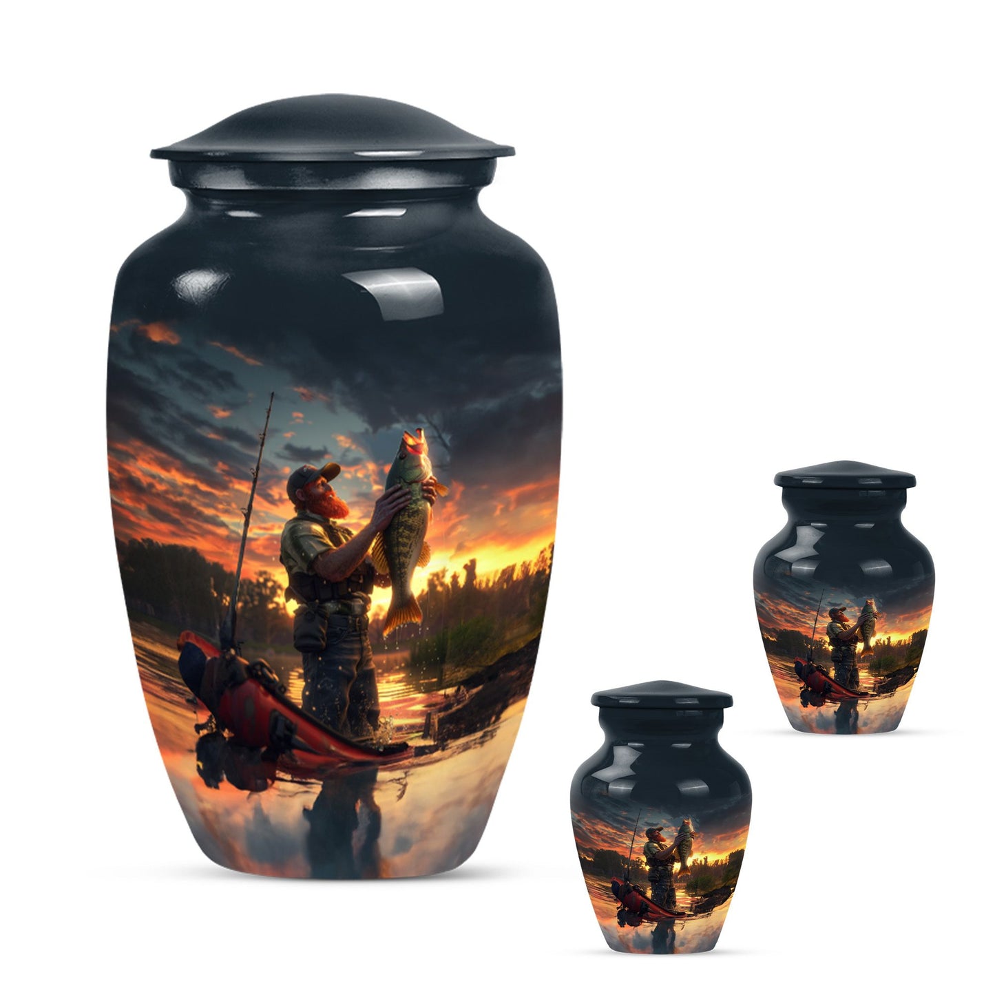 Fishing Theme Large Urn With 2 Keepsake Urn
