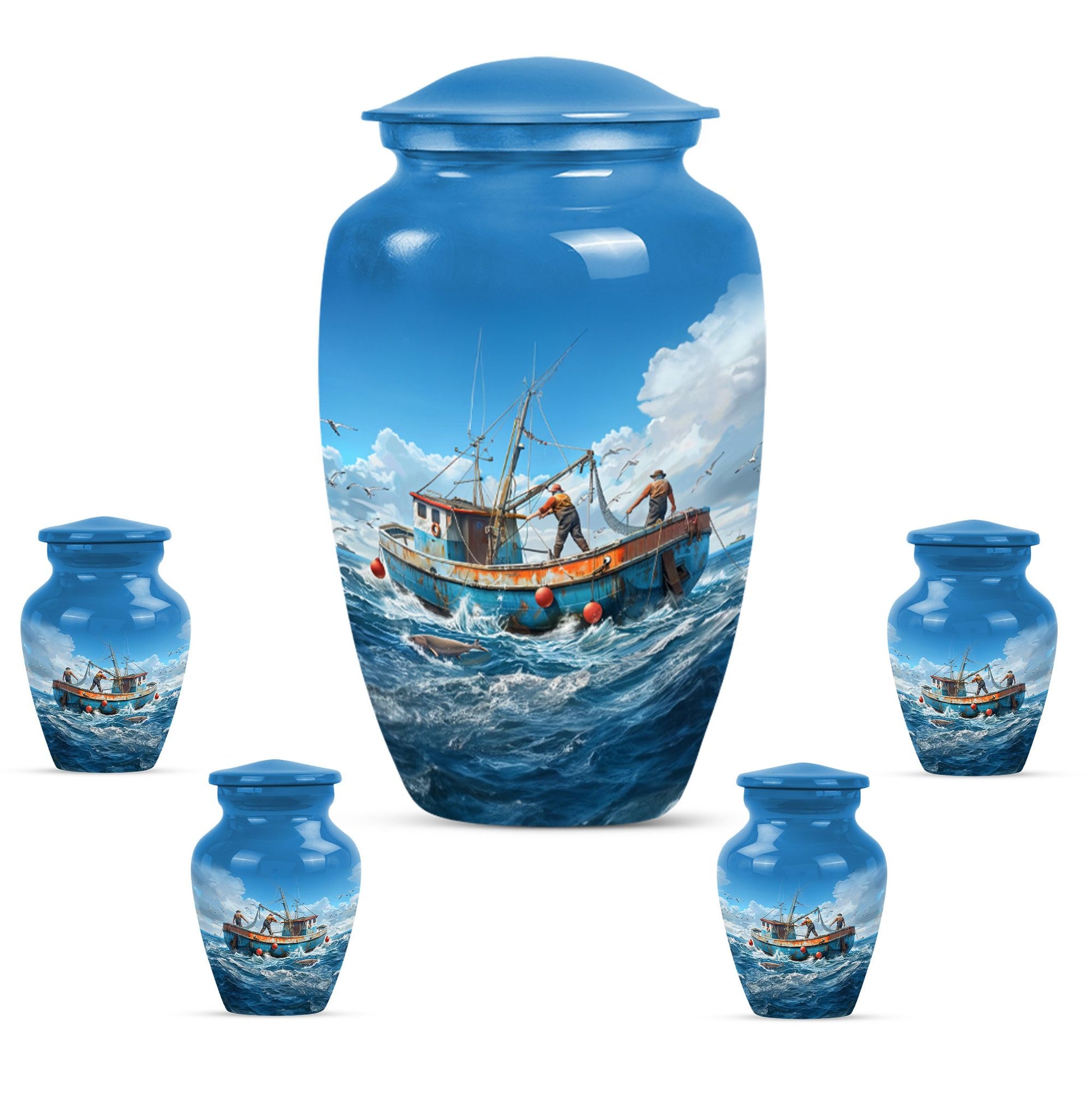 Fishing Theme Large Urn With 4 Keepsake Urn