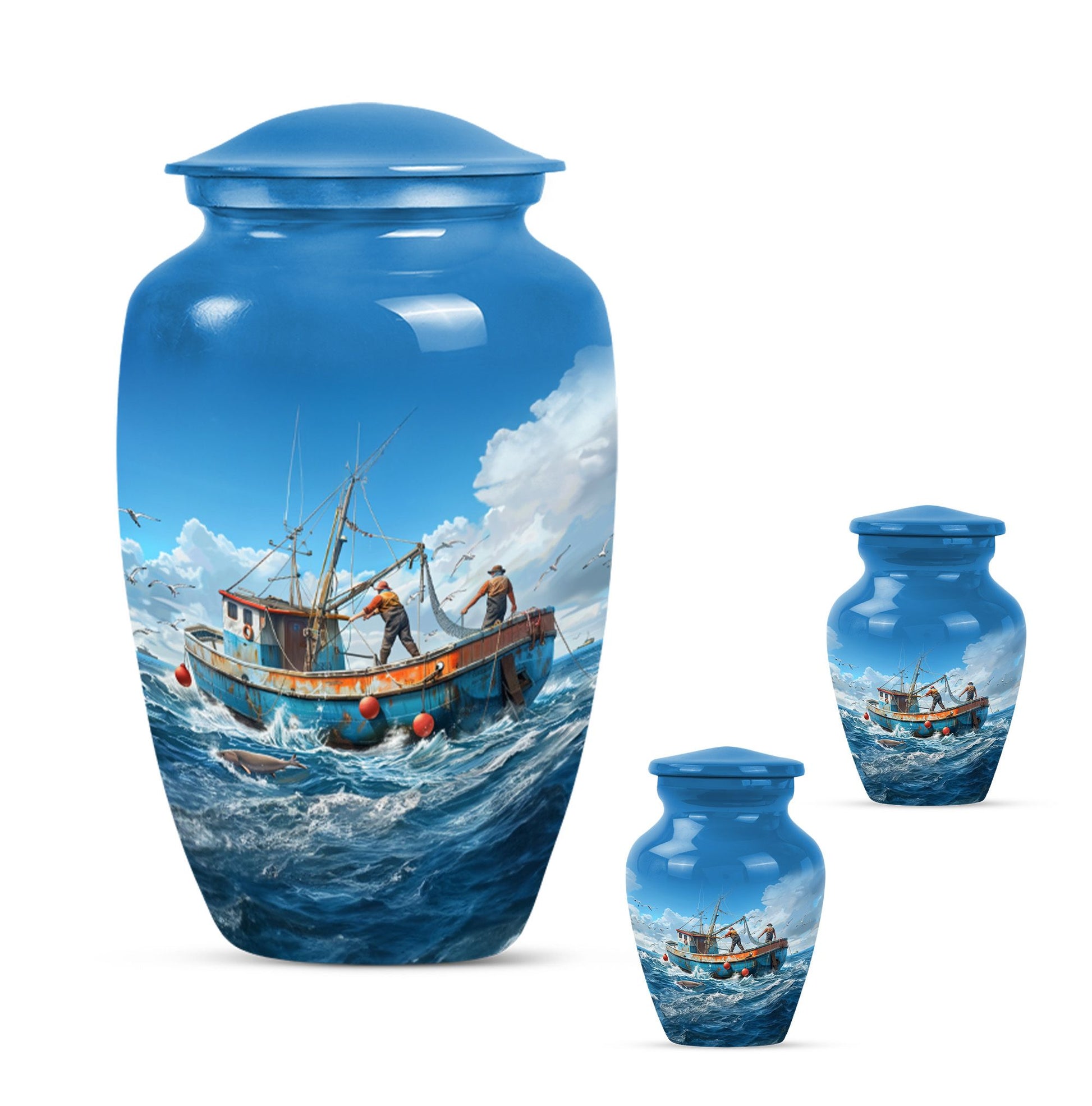 Fishing Theme Large Urn With 2 Keepsake Urn