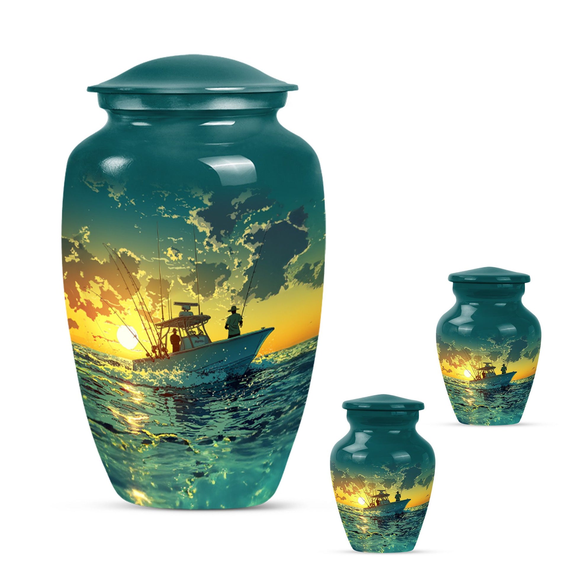 Fishing Theme Large Urn With 2 Keepsake Urn