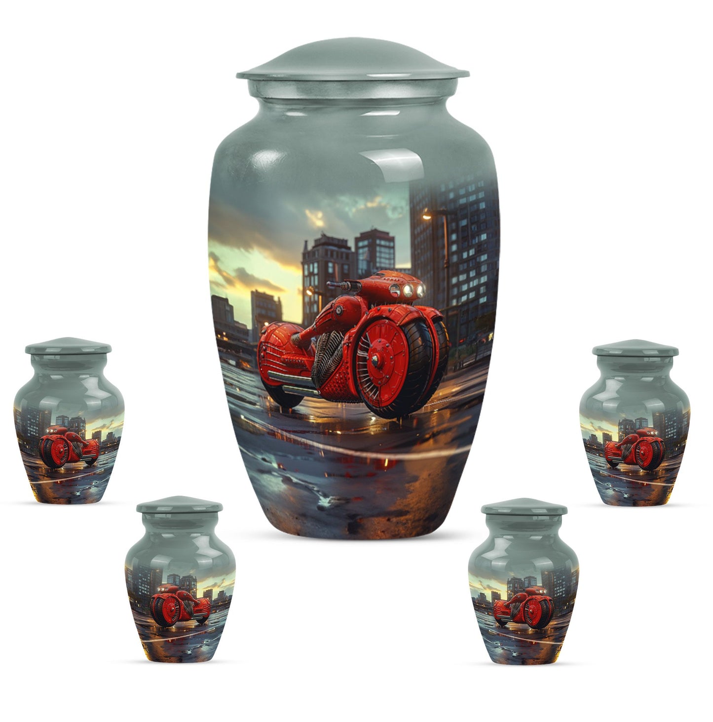 Motorcycle Theme Large Urn With 4 Keepsake Urn