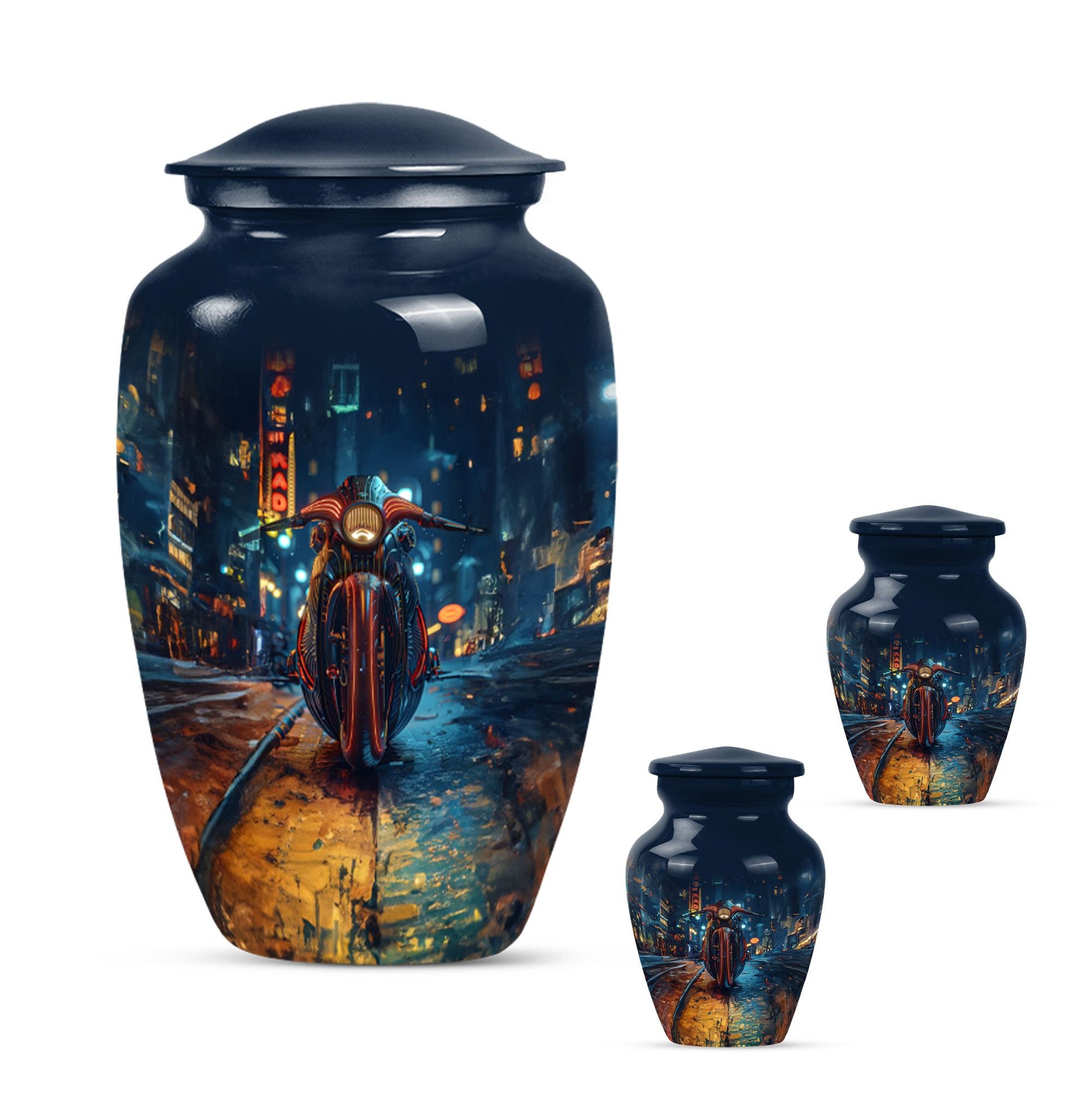 Motorcycle Theme Large Urn With 2 Keepsake Urn