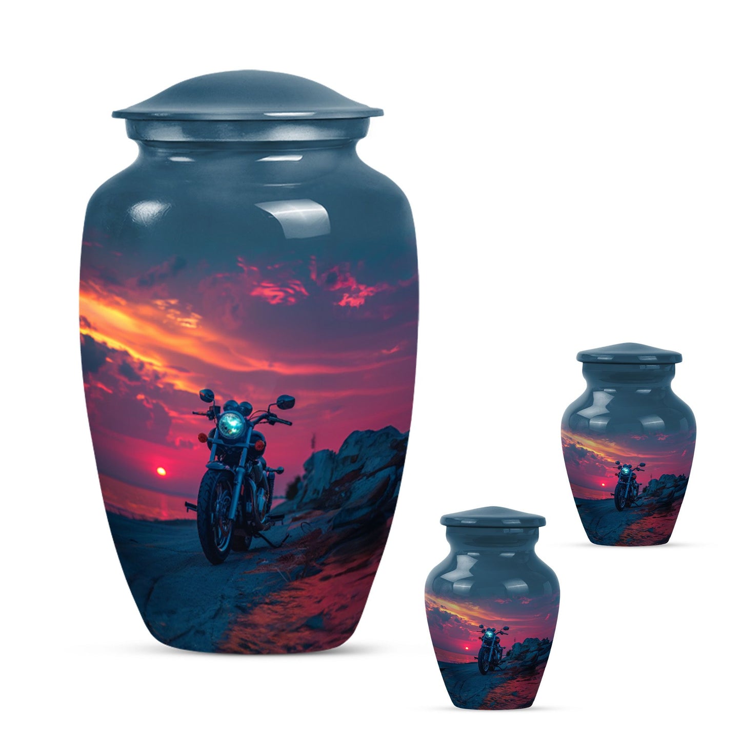 Motorcycle Theme Large Urn With 2 Keepsake Urn