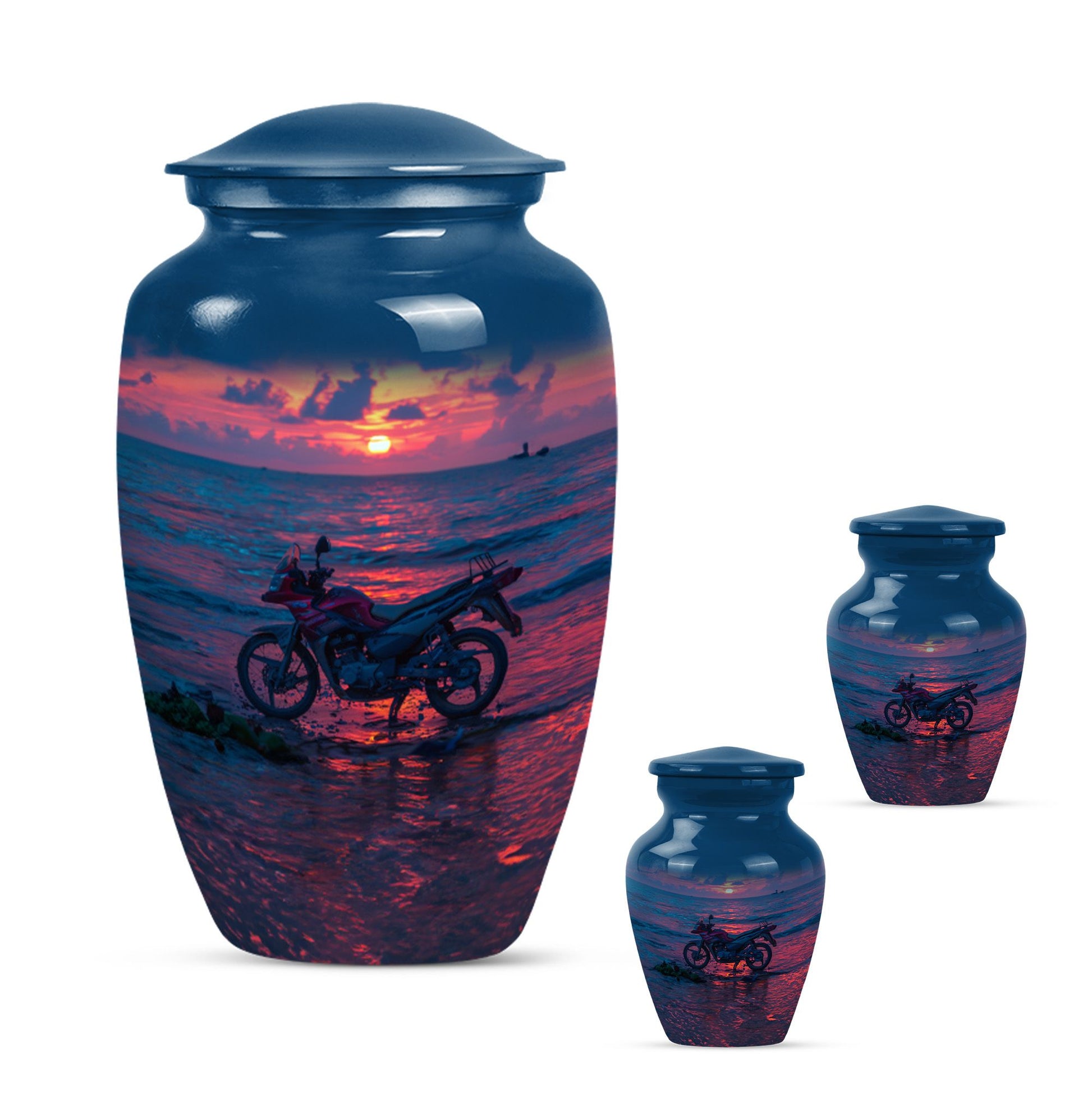 Motorcycle Theme Large Urn With 2 Keepsake Urn
