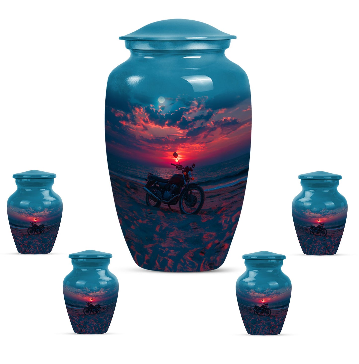 Motorcycle Theme Large Urn With 4 Keepsake Urn