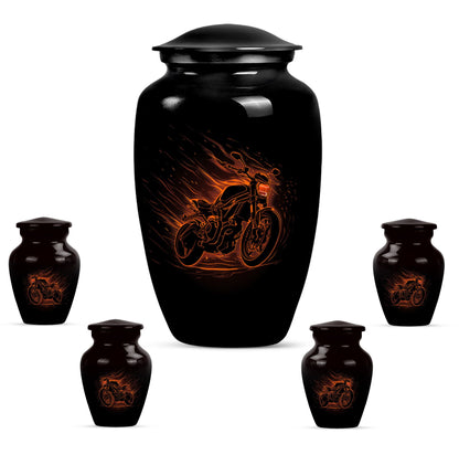 Motorcycle Theme Large Urn With 4 Keepsake Urn