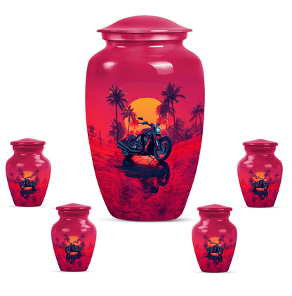 Motorcycle Theme Large Urn With 4 Keepsake Urn