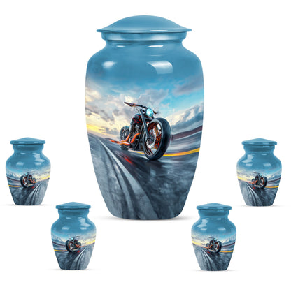 Motorcycle Theme Large Urn With 4 Keepsake Urn