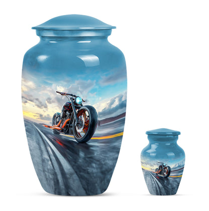 Motorcycle Theme Large Urn With 1 Keepsake Urn