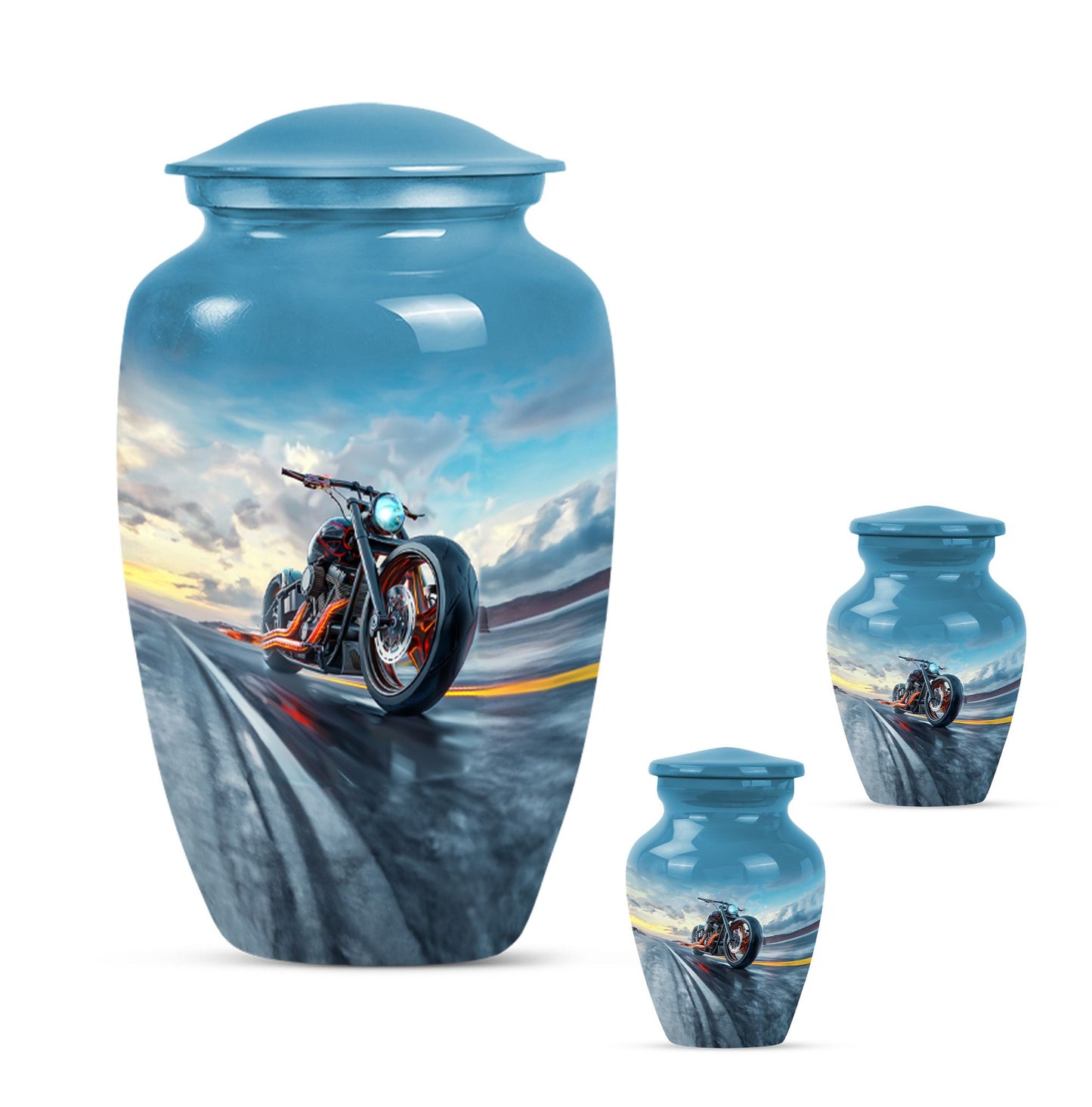 Motorcycle Theme Large Urn With 2 Keepsake Urn