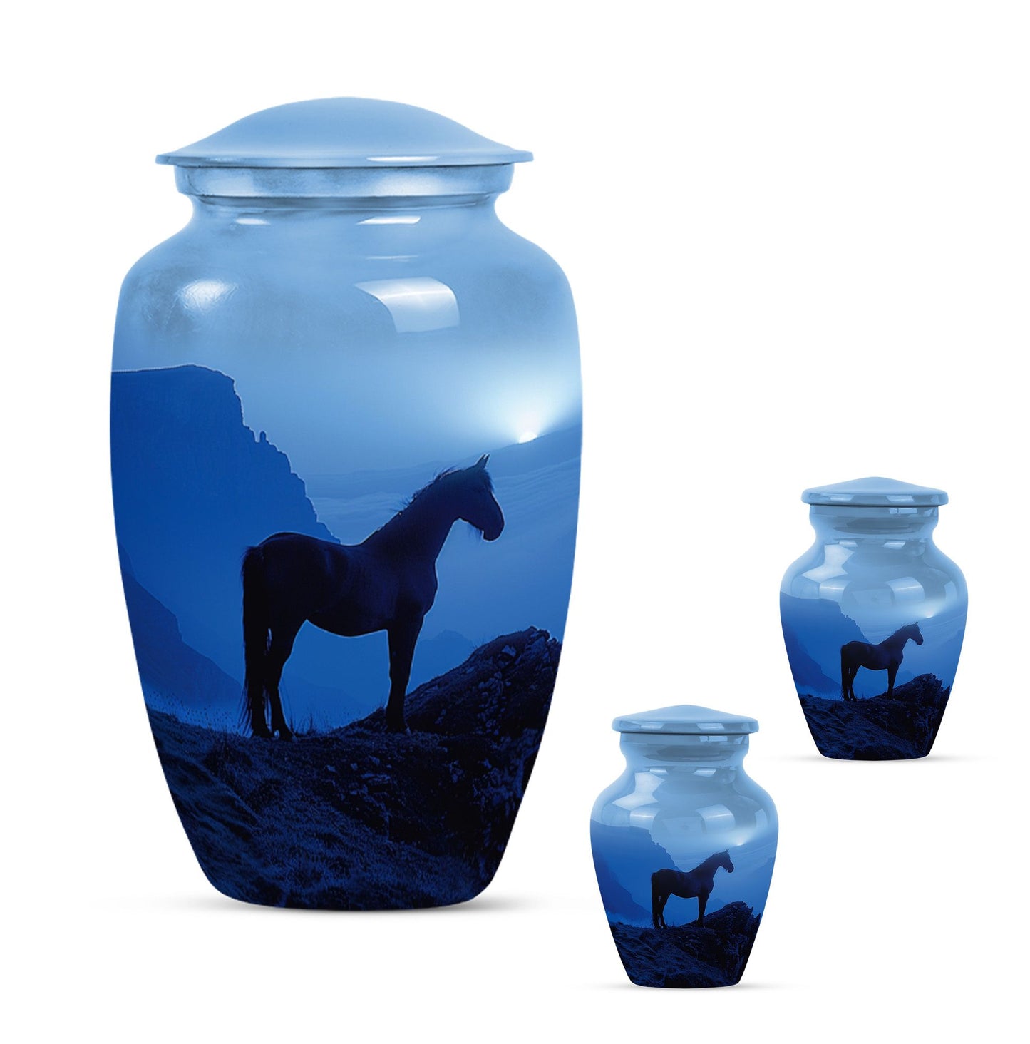 Horse Theme Large Urn With 2 Keepsake Urn