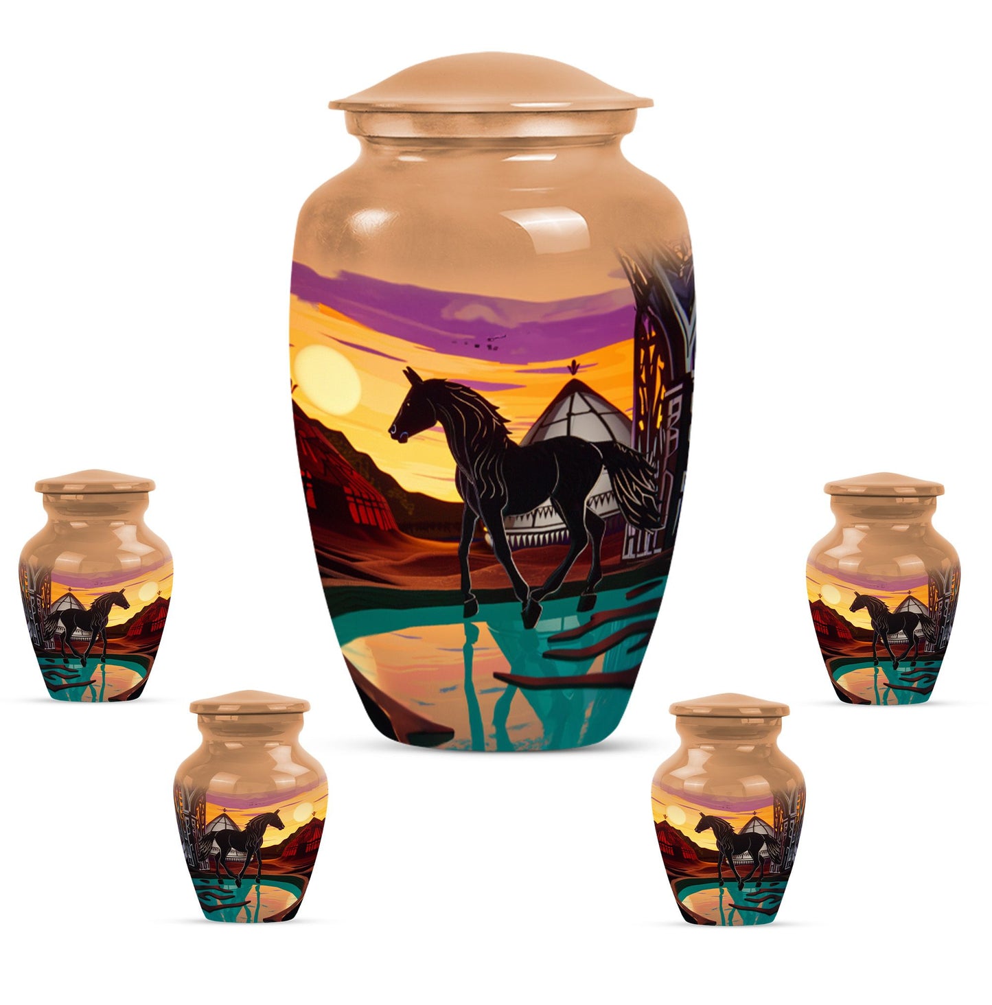 Horse Theme Large Urn With 4 Keepsake Urn