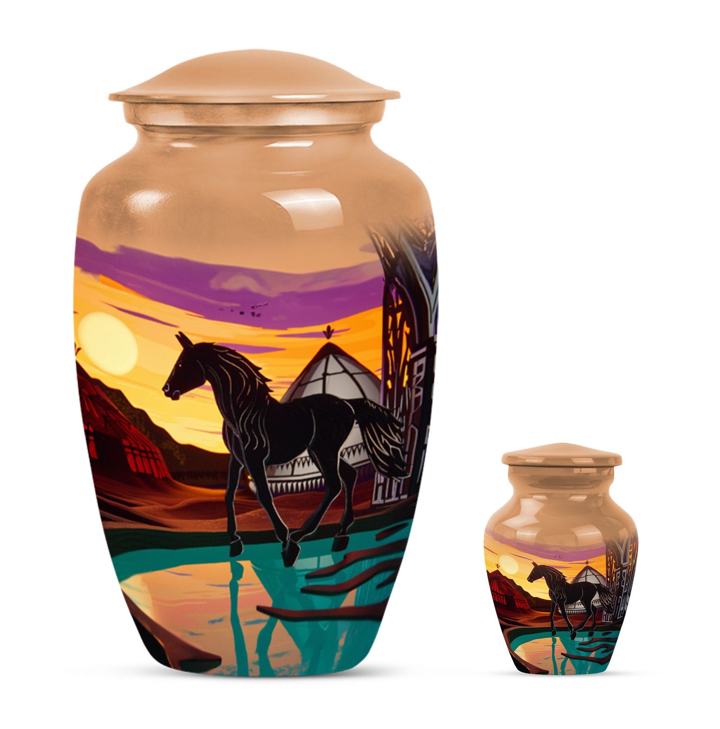 Horse Theme Large Urn With 1 Keepsake Urn