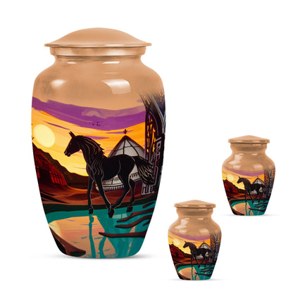 Horse Theme Large Urn With 2 Keepsake Urn