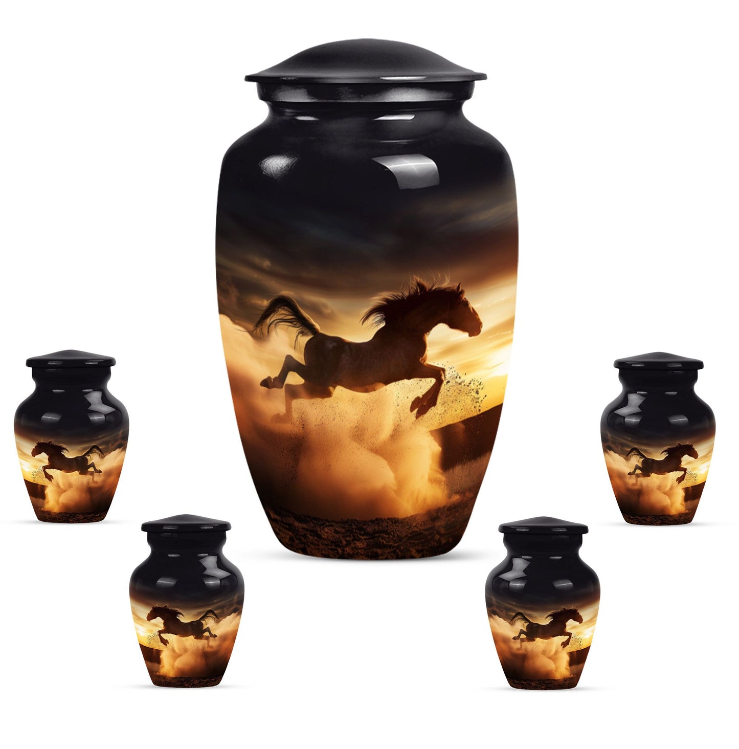 Horse Theme Large Urn With 4 Keepsake Urn