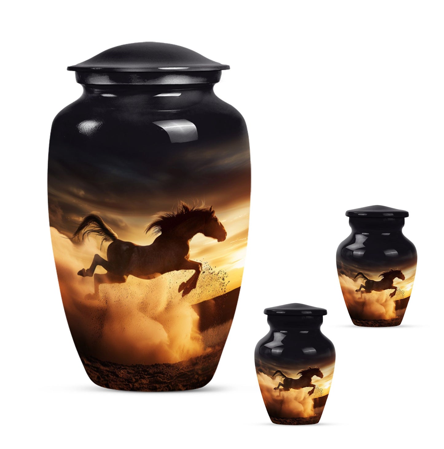 Horse Theme Large Urn With 2 Keepsake Urn