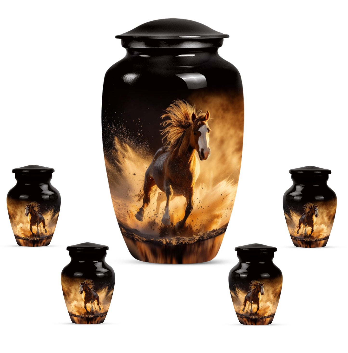 Horse Theme Large Urn With 4 Keepsake Urn