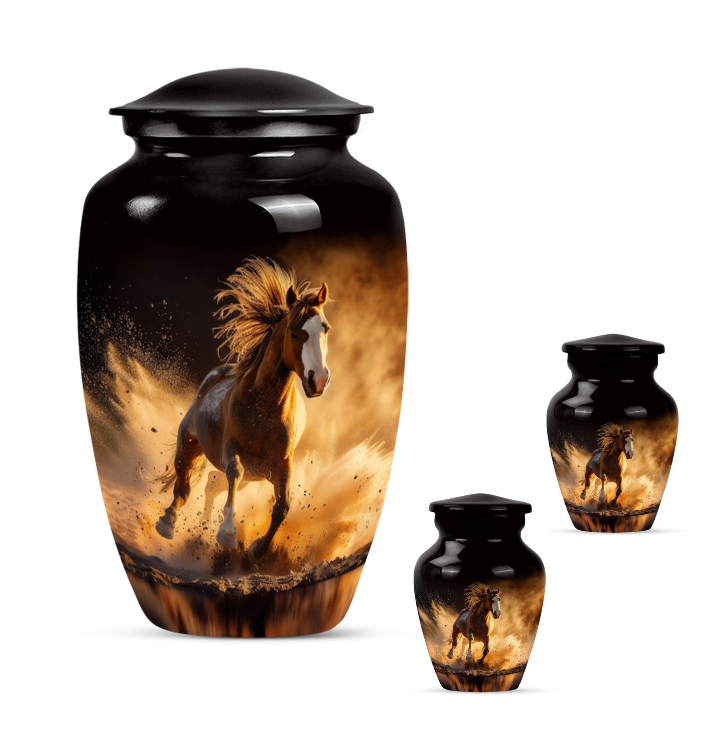 Horse Theme Large Urn With 2 Keepsake Urn