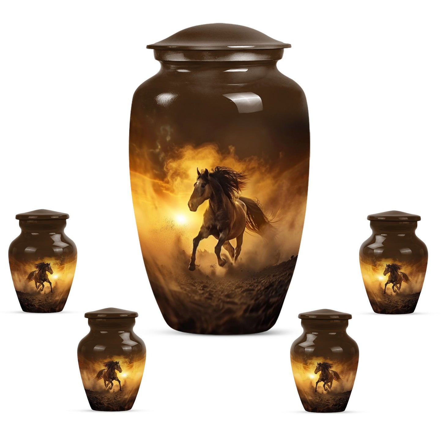 Horse Theme Large Urn With 4 Keepsake Urn