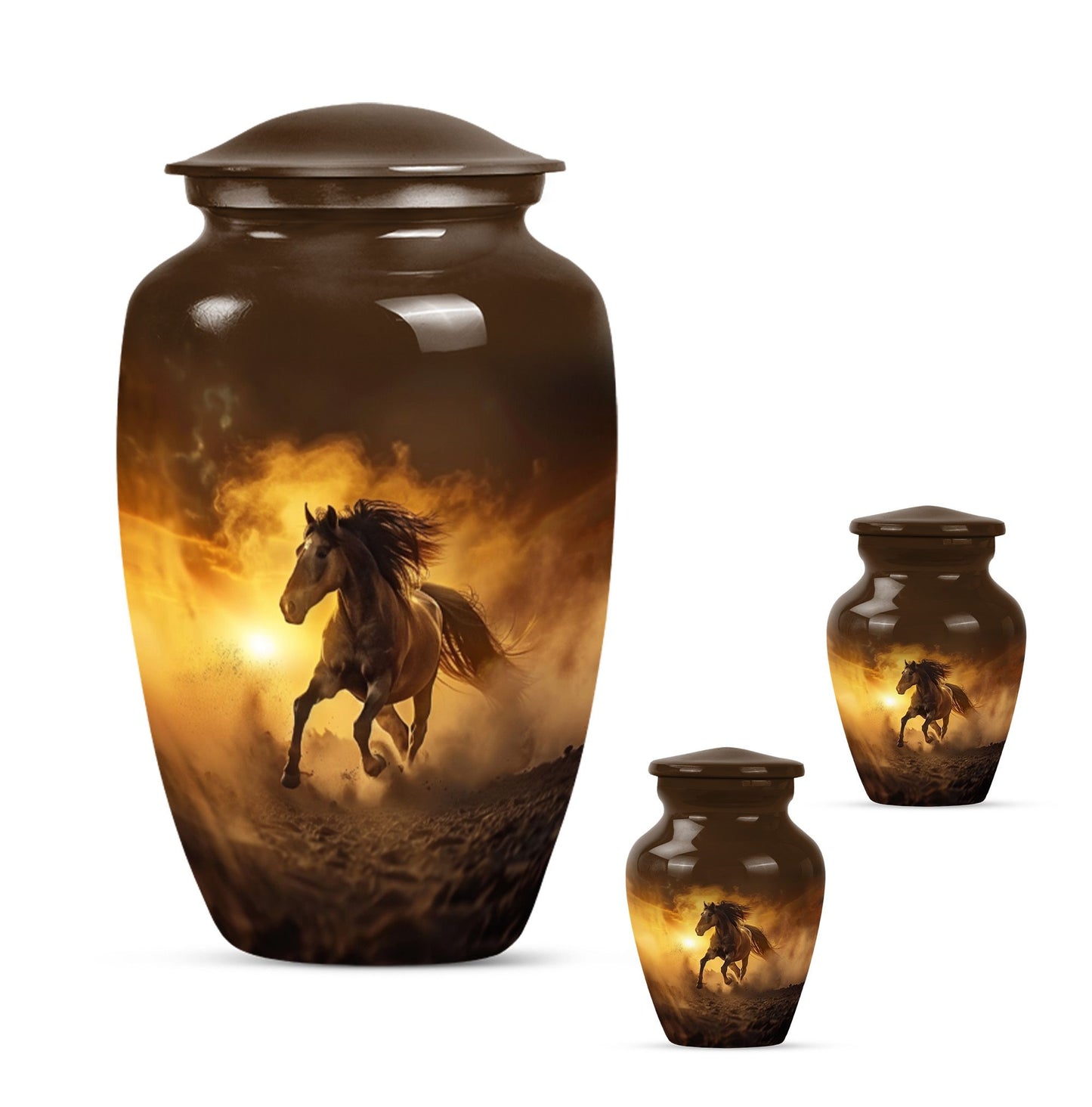 Horse Theme Large Urn With 2 Keepsake Urn