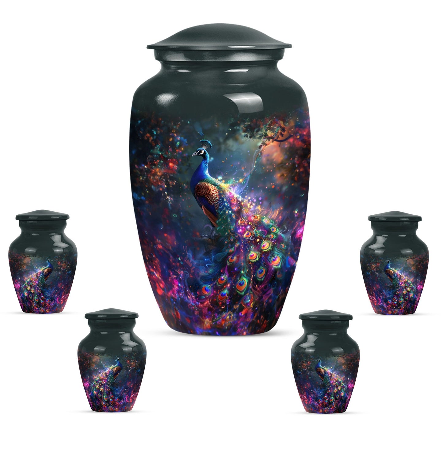 Peacock Theme Large Urn With 4 Keepsake Urn