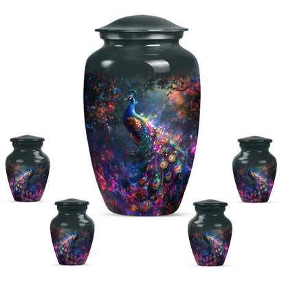 Peacock Theme Large Urn With 4 Keepsake Urn